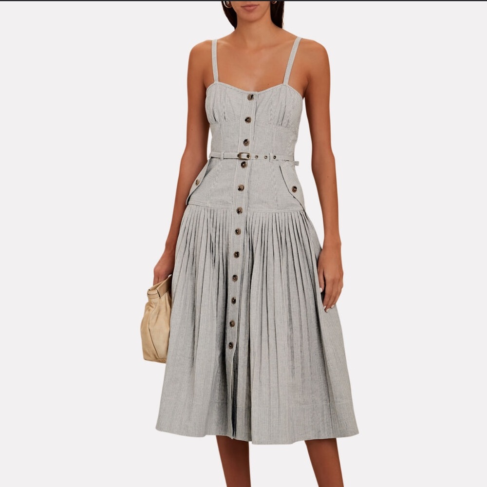 Ulla Johnson Cleo belted pleated striped cotton midi dress size 12